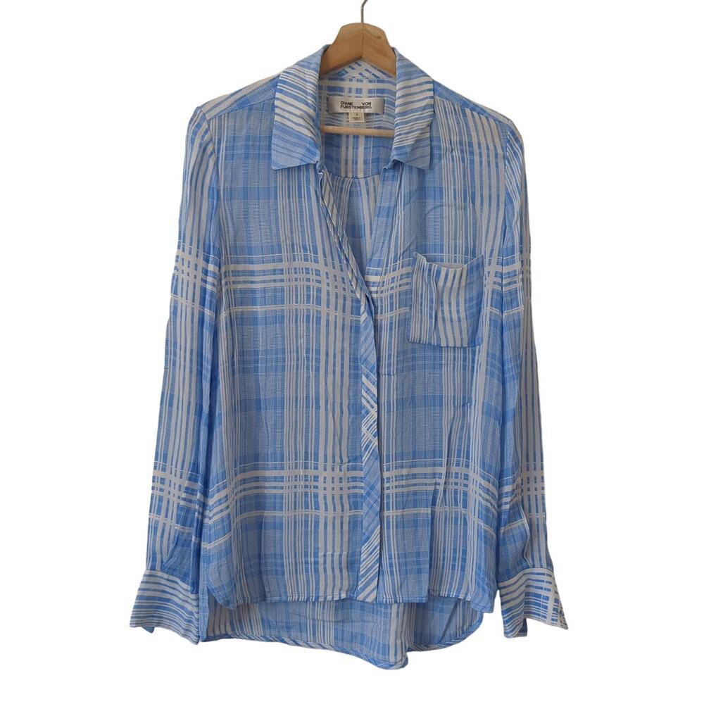 Diane Von Furstenberg Top Blue White Check Button Carter Blouse Long Sleeve Sz 4
